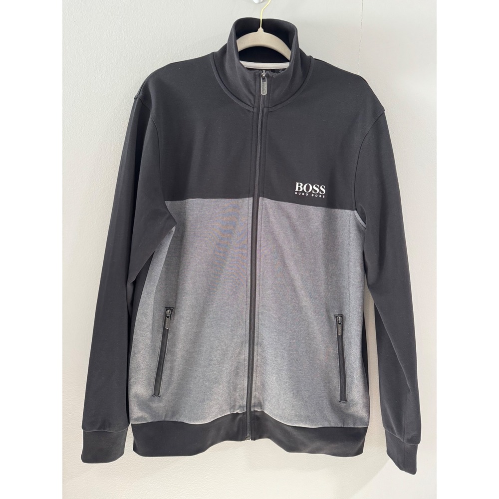 BOSS Hugo Boss Mens Track Jacket Full Zip‎ Black Gray Color Block Large